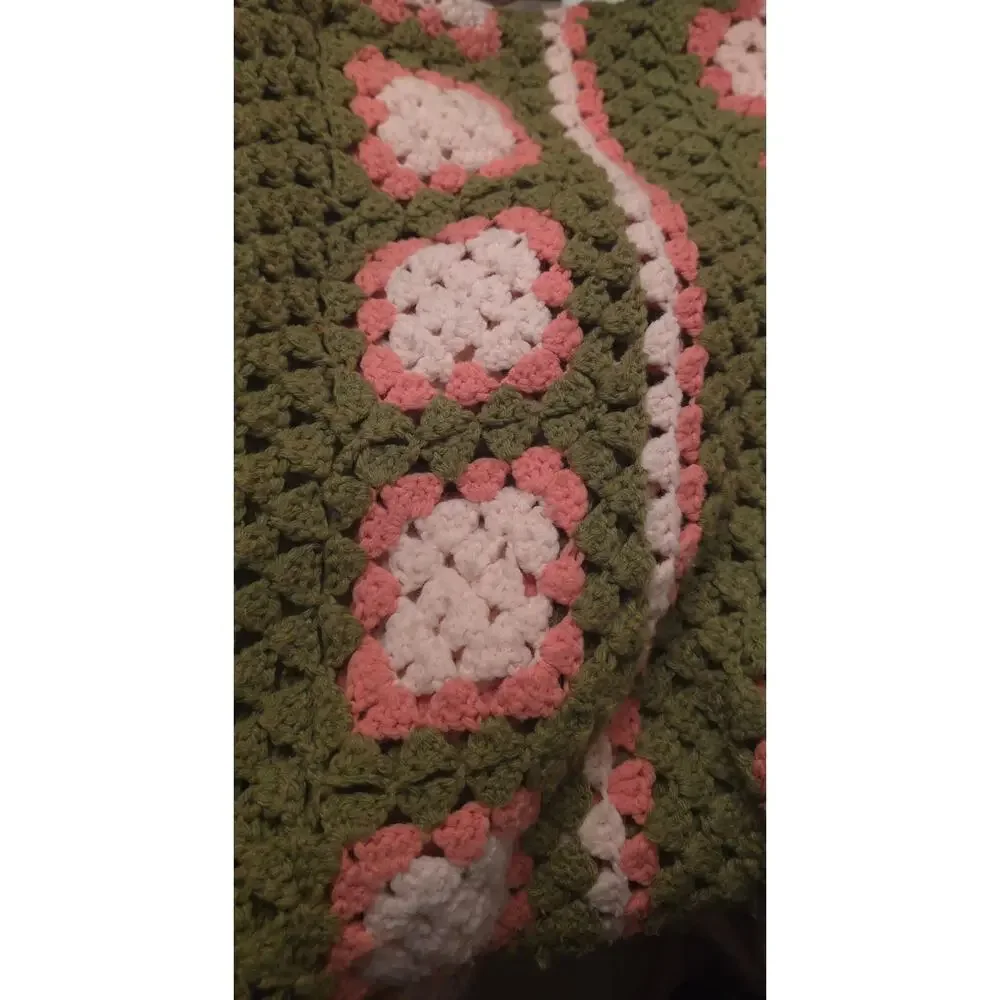 Vintage Crochet Granny Square Pink Green White Afghan Throw Blanket 78